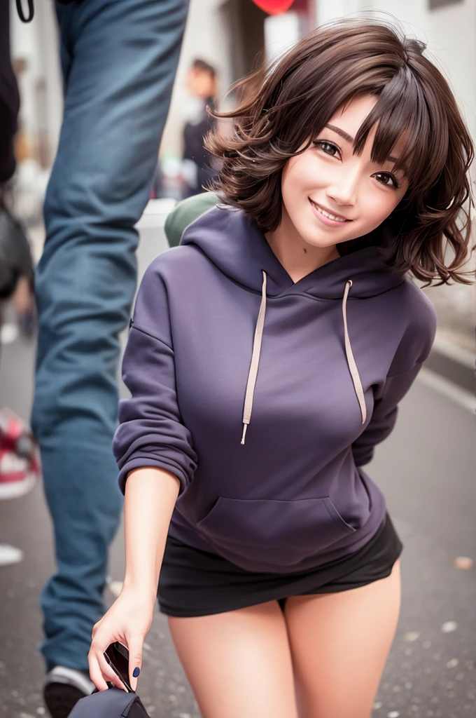 (Best Quality:0.8) perfect anime illustration, a pretty, Happy woman with short curly brown hair on the city street, wearing a hoodie, Skirt
