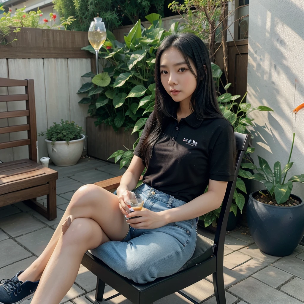 A beautiful Korean woman,long black straight hair,blue polo shirt,jeans,canvas shoes,sitting relaxed on a chair on the terrace of the house,holding a glass of sweet tea,with a koi fish pond in front,10k uhd,300 dpi.