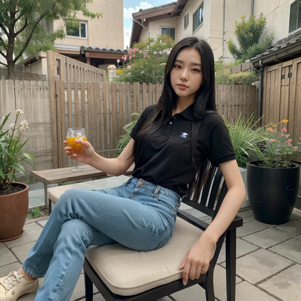 A beautiful Korean woman,long black straight hair,blue polo shirt,jeans,canvas shoes,sitting relaxed on a chair on the terrace of the house,holding a glass of sweet tea,with a koi fish pond in front,10k uhd,300 dpi.