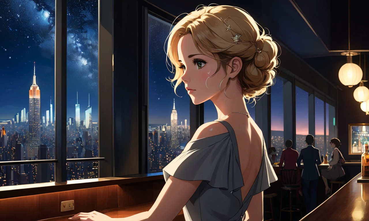 Uses Makoto Shinkai&#39;A perfect portrayal of Kate Beckinsale,8k 4k masterpiece photo ,Vancouver,Glass ceiling jazz bar,I can see the twinkling stars through the glass window.,that&#39;Outside in the dark night,Jazz is playing,Profile close-up,Beautiful profile,Calm expression,Blonde,Look in a different direction,Standing alone at the counter,Grey dress,Large bust