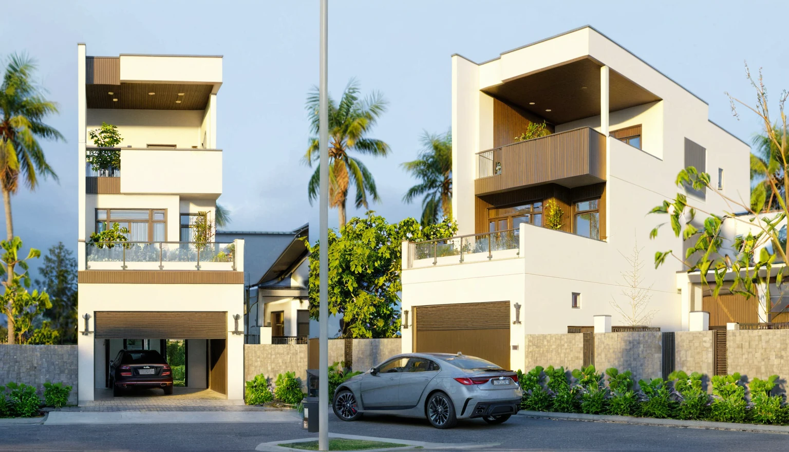 a view of a modern home with a large front yard, main material by white wall and stone and wood, 1 road runs in front of the house, (RAW photo, real, best quality, masterpiece:1.2), look morden minimalist, 1 road in front of the house, shime ring light, light brighteness from indoor:1.2, dynamic lighting:1.3, (hyper realistic, photo-realistic:1.2), high quality, day lighht, hight contrast :0.5 perfect lighting, archdaily, award winning contemporary, contemporary masterpiece, well-designed masterpiece, large modern residence, neotraditional modern, wide angle exterior 2022, midcentury modern, contemporary house, hip modern vibe, a long-shot from front, award winning modern design, stunning lines, residential, subtle detailing, light indoor:1.3