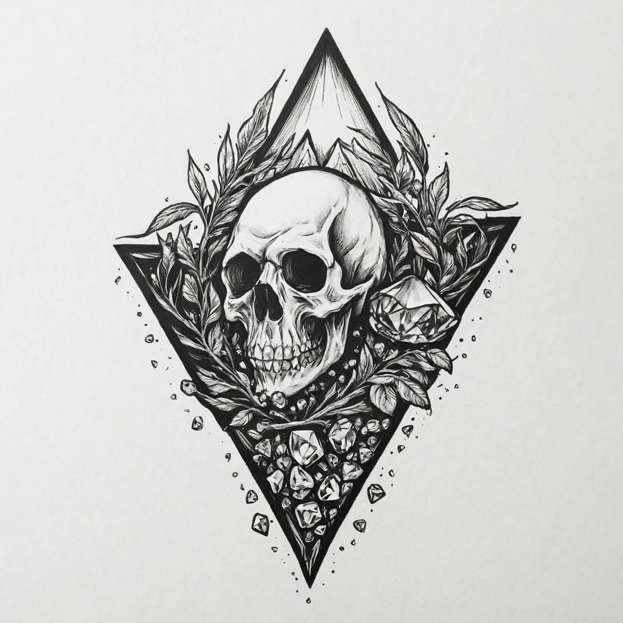drawing a landscape tattoo (minimalistic), death, gems, diamond, (a triangle)