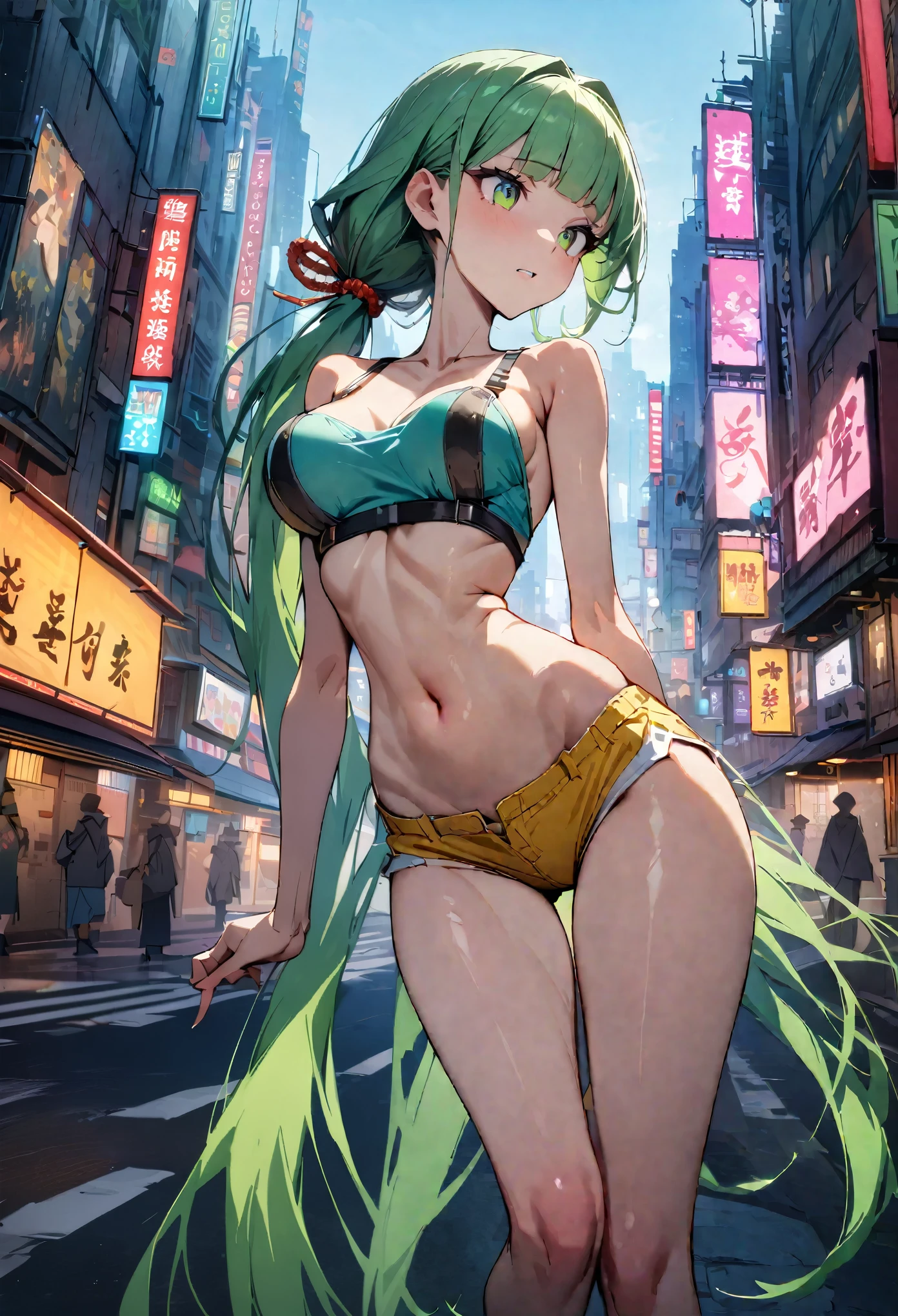((masterpiece,Highest quality:1.3)),cowboy shot,1woman,30 year old beauty、独奏,((very small head:1.5)),green hair,(low ponytail),long hair,blunt bangs,green eyes,gorgeous eyes,shy、Staring at the audience、medium breasts,((very long body:1.4)),(toned body,slender body,skinny),gleaming skin,shiny skin,oily skin,Light green tube top bra、navel、Yellow micro shorts、on street,Metropolis,neon、World of Blade Runner、