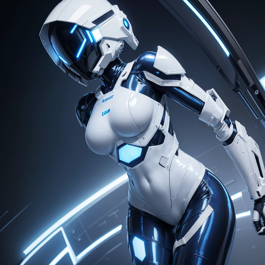(masterpiece), (best quality), (high res) Solo, (perfect anatomy) Dronificated unknown woman in a fully (enclosed blue latex full body armor) (white LEDs across the suit) (white glowing core in the chest), (enclosed cyber helmet) that cover her whole face and hides her identity with a white screen, huge breast, narrow waist, wide hips and thick thigs, (no face) no face, no hair, no mouth, no eyes, in a lab
