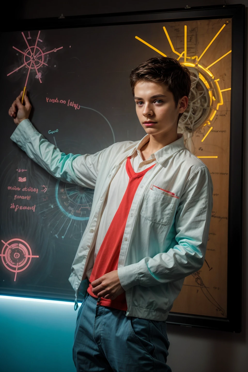 A beautiful young male twink, cute, with black hair, a face with reddish make-up, wearing a bright white long-sleeved shirt and aqua blue pants. He is in his office, and behind him is a blackboard on which is written the shape of the brain and its anatomy. Nuclear energy emerges from it, and in his hand is a magic wand that emits...  Neon radiation with neurons and a flag written on it.