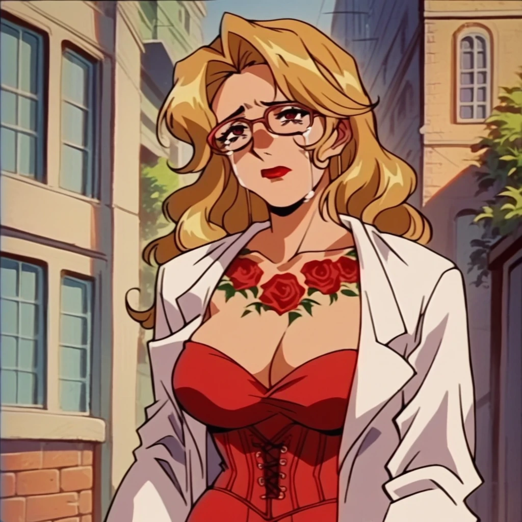 beautyful mature woman, blonde wavy hair, encorped body, red glasses, red lipstick, red cleavage dress, golden corset, whole body roses tattoos, white jacket,in city, morning, milf, red eyes, large breasts, sensual, crying
