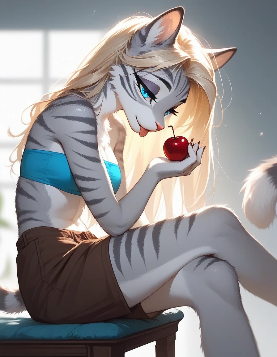 Solo, score_9,score_8_up,score_7_up, source_furry, (Kat, Anthro furry feline girl, adult female, blue eyes, blonde hair, hair in a pony tail, eyes half closed, silver fur, grey stripes, tail), wearing blue bandeau, brown shorts, standing, sitting, legs crossed, holding a cherry by the stem, licking a cherry, seductive, head tilted back, close up, side view