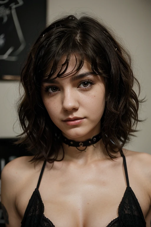 Craft a woman, clear skin, Short and curly hair, black eyes, with spots, passionate about metal music, attractive, 17 years old, boobs