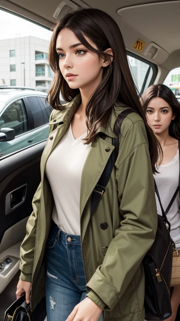 Girl with dark brown hair, green eyes, going out with her escort to the airport  