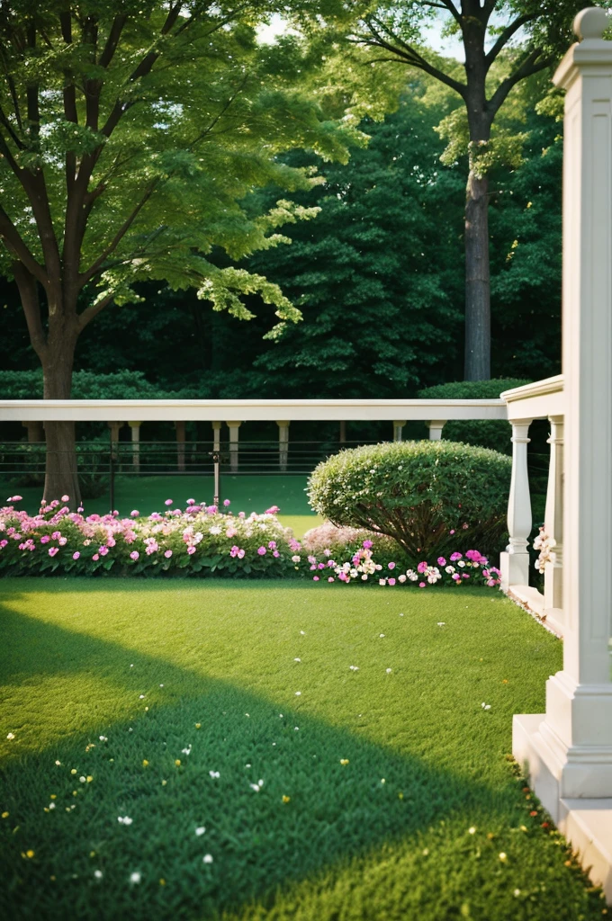 (Grass floor)  ( railing Flowers )  (trees) (lens blur ) Digital Background  