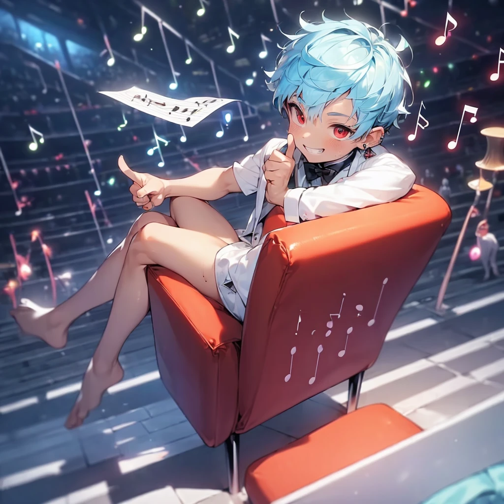 (solo:2.5), (boldline:-1.7), (put index finger on mouth:1.5), (floating musical notes:1.7), (sitting on red chair:1.5), (((fang))), (((best finger))), BREAK (best quality:1.5), (absolutely resolution:1.5), (ultra detailed:1.5), (masterpiece:1.5), (perfect face), (detailed face), (detailed eyes:1.3), (best eyes), (cute face), (shota:2), BREAK (tuxedo:1.5), (bulge:1.6), (skinny:1.3), BREAK (light blue hair:1.5), (spiked hair), (wine red eyes:1.4), (eyes with highlight:1.6), ((mole under eye)), (sweaty skin), (grin:1.5), ((earrings)), (shiny skin:1.3), BREAK (concert hall:1.5), (spot light:1.3), (at concert), (many people), ((wind blowing)), frow below, (upper body),