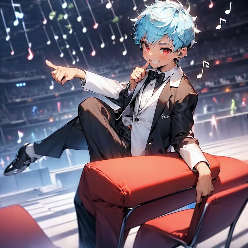 (solo:2.5), (boldline:-1.7), (put index finger on mouth:1.5), (floating musical notes:1.7), (sitting on red chair:1.5), (((fang))), (((best finger))), BREAK (best quality:1.5), (absolutely resolution:1.5), (ultra detailed:1.5), (masterpiece:1.5), (perfect face), (detailed face), (detailed eyes:1.3), (best eyes), (cute face), (shota:2), BREAK (tuxedo:1.5), (bulge:1.6), (skinny:1.3), BREAK (light blue hair:1.5), (spiked hair), (wine red eyes:1.4), (eyes with highlight:1.6), ((mole under eye)), (sweaty skin), (grin:1.5), ((earrings)), (shiny skin:1.3), BREAK (concert hall:1.5), (spot light:1.3), (at concert), (many people), ((wind blowing)), frow below, (upper body),