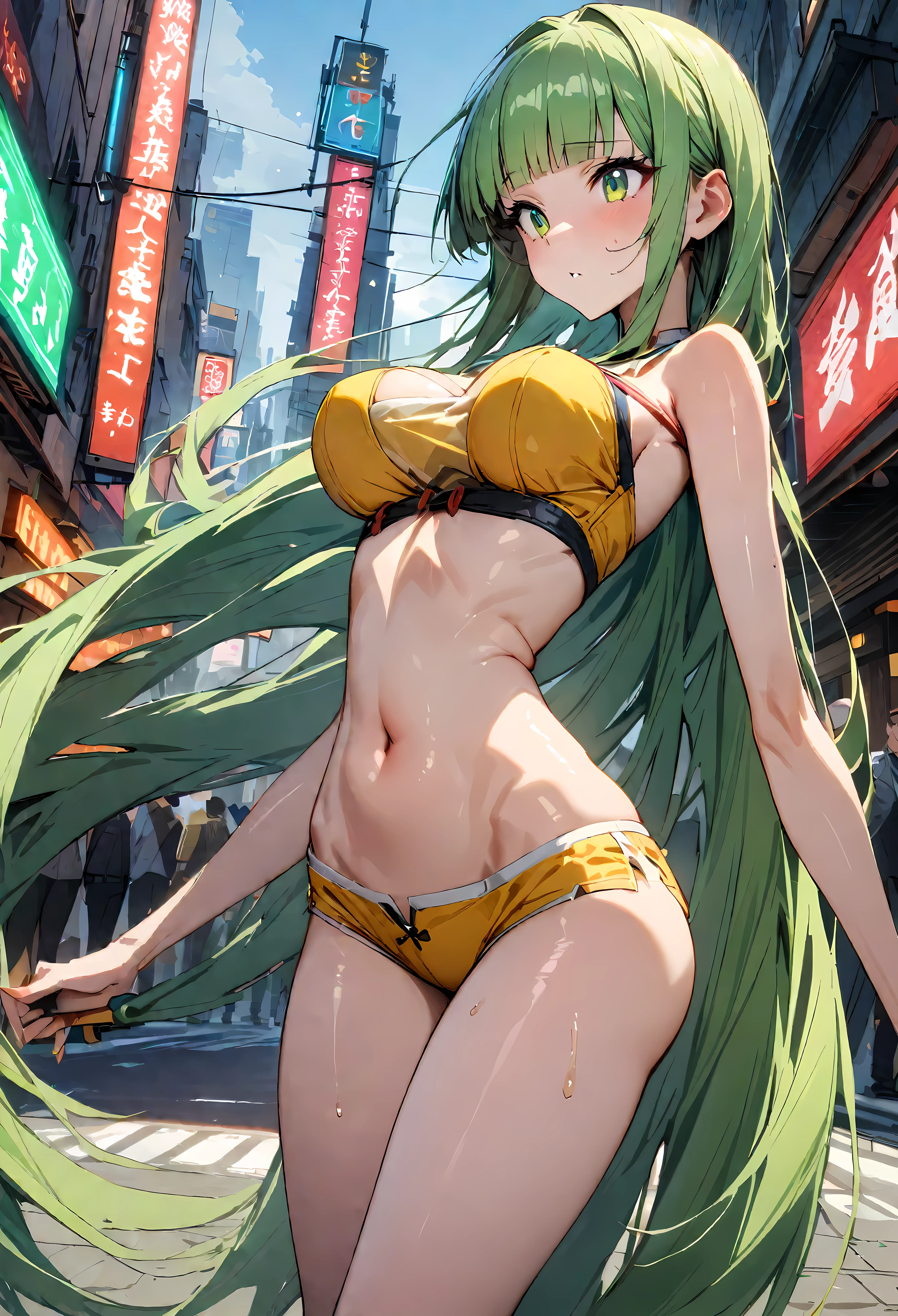 ((masterpiece,Highest quality:1.3)),cowboy shot,1woman,30 year old beauty、solo,((very small head:1.5)),green hair,long hair,blunt bangs,green eyes,gorgeous eyes,shy、Staring at the audience、medium breasts,((very long body:1.4)),(toned body,slender body,skinny),gleaming skin,shiny skin,oily skin,Lime green tube top bra、navel、Yellow micro shorts、on street,Metropolis,neon、World of Blade Runner、