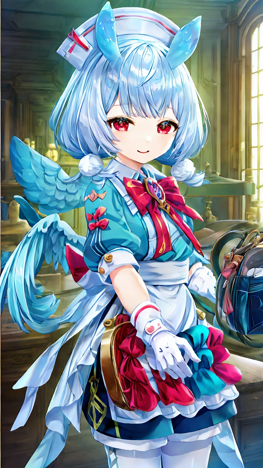 One girl, Shigewin \(Genshin Impact\), alone, Low twin tails, Animal ears, Red eyes, 青い髪 break (White Gloves 1.1), Red bow tie, Nurse cap, Princess Dress, White apron, Heart-shaped bag, Black shorts, (White Pantyhose:1.3) break エプロンの青いリボン, green shirt, Heart-shaped bag, white collar, Collared shirt, White waist ribbon, White Wings, Mini Wing, エプロンボウ break 視聴者を見る, 被写界深度 break looking at viewer, (Cowboy Shot:1.5), smile,下から構figure, Thighs, sexy, break (masterpiece:1.2), Highest quality, High resolution, unity 8k wallpaper, (figure:0.8), (美しいFine grain:1.6), Highly detailed face, Perfect lighting, Highly detailed CG, (Perfect hands, Perfect Anatomy) break ((masterpiece,Highest quality)), Super detailed, Shine, Shine光, Ray Tracing, (Perfect Face, Detailed face, Fine grain, Perfect hands, Perfect Fingers:1.5), HD, Super cute face, Highest quality, Super detailed break Shine目, (Highest qualityの写実的なイラスト), (Super fine), (Cute illustrations:1.3), (High chroma:1.3), Beautiful detailed face and eyes, Dynamic lighting, (Very delicate and beautiful) break (Nice hands), (Perfect hands:1.4), Highly detailed illustration, Super cute and beautiful, Highest quality, slender, ,Baby Face, break 病院, Medical equipment, (Cute Background, There are many elements in the background:1.2),((Super detailedな背景)), ((8K wallpaper))
