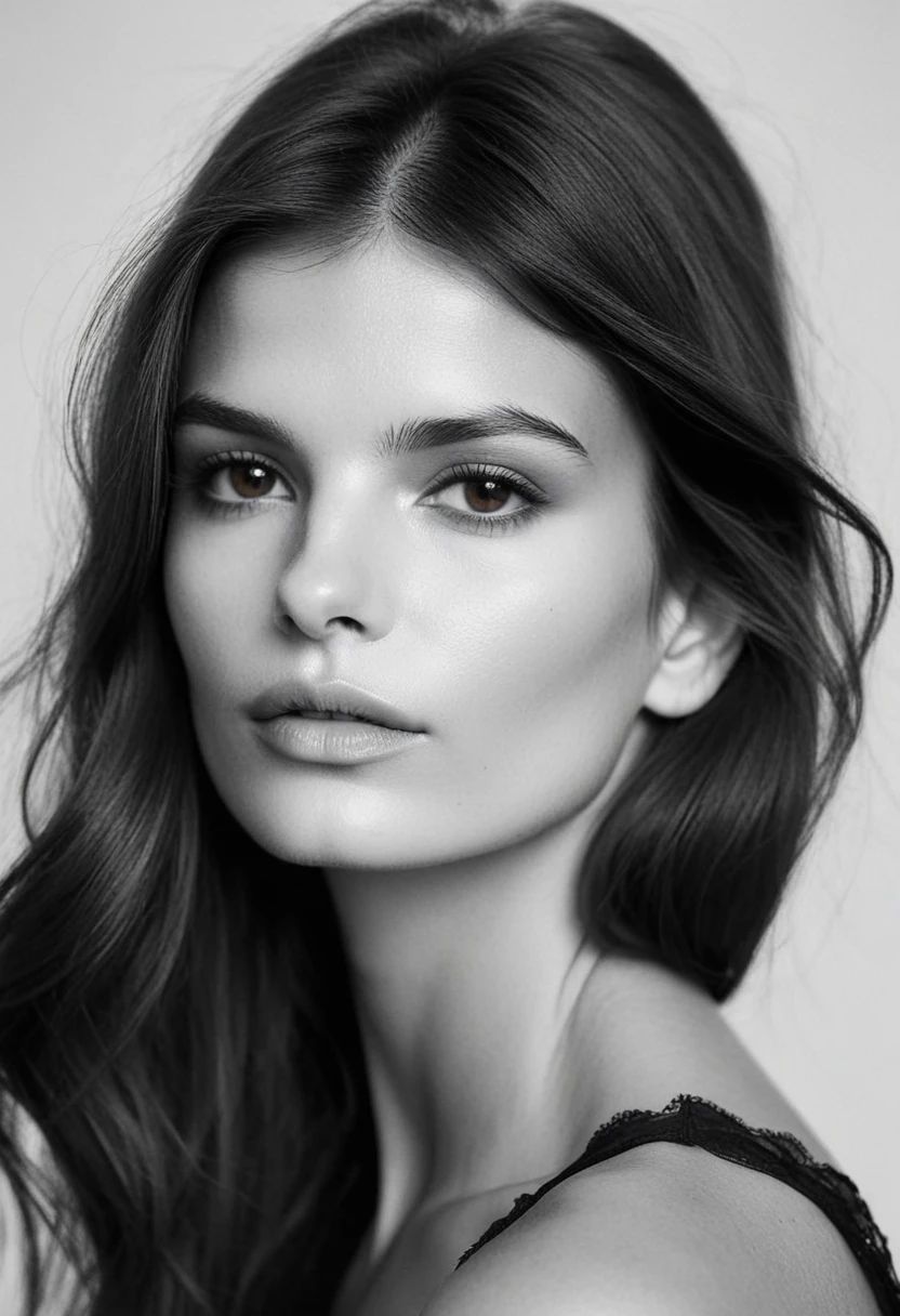 black and white image, love, portrait, beautiful woman with brunette hair and brown eyes, in the style of blurry details, ethereal minimalism, berthe morisot, emily ratajkowski