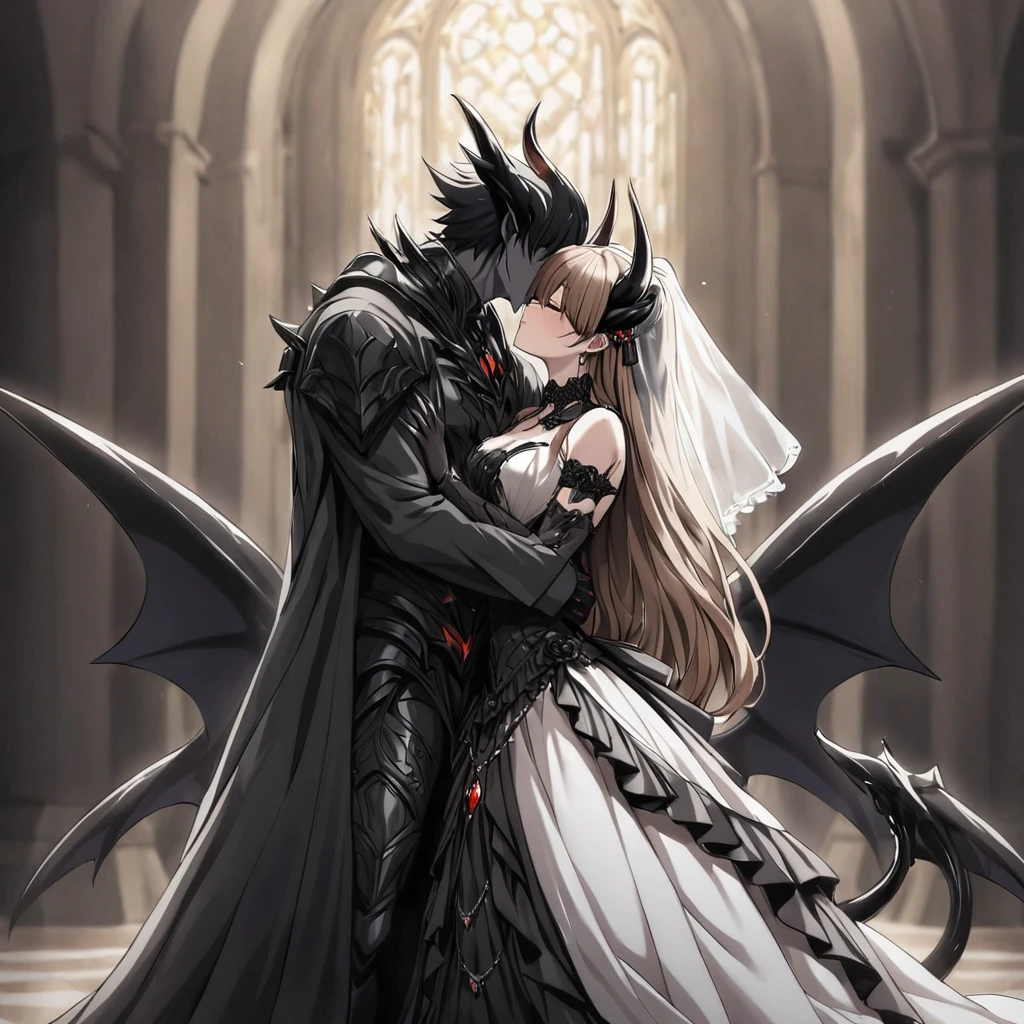 ((Highest quality)), ((masterpiece)), (detailed), （Perfect Face）、The woman is a sexy devil with jet black skin、The woman is a jet-black female demon with magnificent devil horns, jet-black devil wings, and a jet-black tail. Her skin is jet-black, and she is wearing a luxurious black Gothic Victorian wedding dress and a black wedding veil. She is embracing the dignified and powerful Great Demon King, kissing him in vows, and is getting married to him while he loves her whole body. She is the jet-black demon Princess Leona, with medium-long light brown hair, a demon in both body and mind, and has the expression of a maiden in love.、The man is a dignified and powerful demon king, and they embrace the woman, kiss each other as they hold a wedding ceremony, loving and adoring each other.