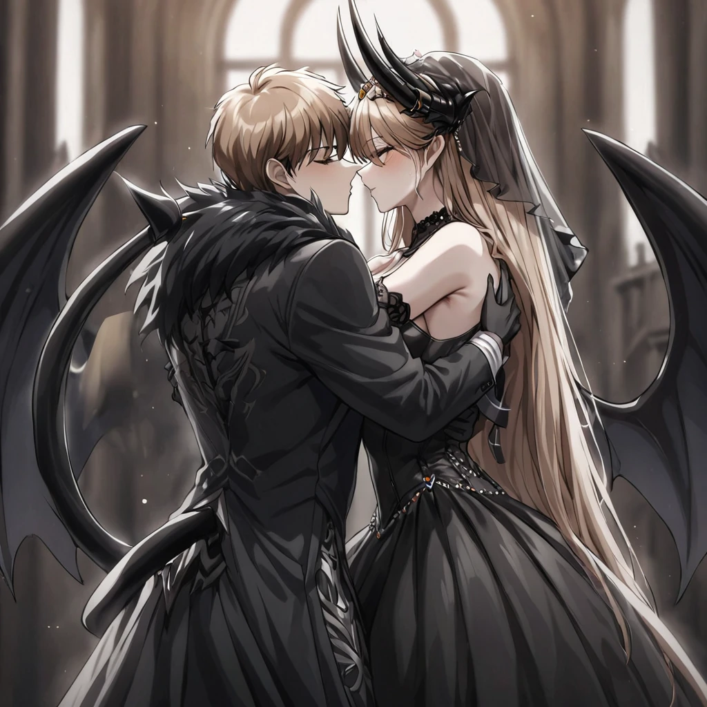 ((Highest quality)), ((masterpiece)), (detailed), （Perfect Face）、The woman is a sexy devil with jet black skin、The woman is a jet-black female demon with magnificent devil horns, jet-black devil wings, and a jet-black tail. Her skin is jet-black, and she is wearing a luxurious black Gothic Victorian wedding dress and a black wedding veil. She is embracing the dignified and powerful Great Demon King, kissing him in vows, and is getting married to him while he loves her whole body. She is the jet-black demon Princess Leona, with medium-long light brown hair, a demon in both body and mind, and has the expression of a maiden in love.、The man is a dignified and powerful demon king, and they embrace the woman, kiss each other as they hold a wedding ceremony, loving and adoring each other.