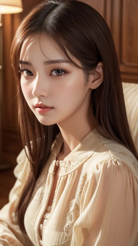 beautiful detailed eyes, beautiful detailed lips, extremely detailed eyes and face, long eyelashes, 1girl, gorgeous young korean woman, close-up, relaxing on a sofa, transparent blouse, realistic, photorealistic, photo-realistic:1.37, cinematic lighting, warm color tones, soft focus, detailed fabric textures, intricate folds, elegant poses, serene expression, (best quality,4k,8k,highres,masterpiece:1.2),ultra-detailed,(realistic,photorealistic,photo-realistic:1.37)