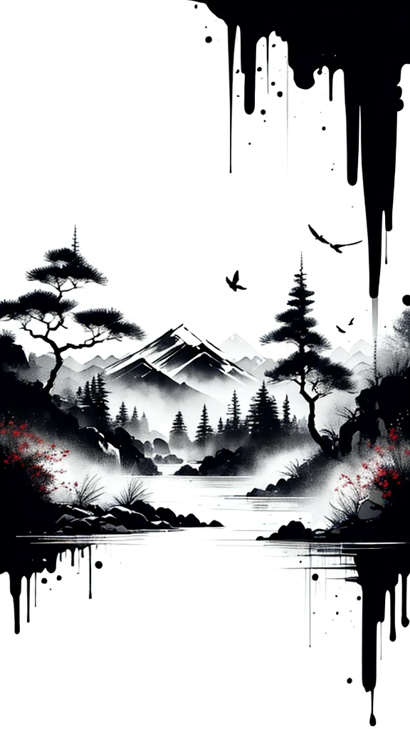 landscape ,background\(black sky,withered flowers all over the ground,a thick red water\), BREAK ,quality\(8k,wallpaper of extremely detailed CG unit, ​masterpiece,high resolution,top-quality,top-quality real texture skin,hyper realisitic,increase the resolution,RAW photos,best qualtiy,highly detailed,the wallpaper\), only paint tree color ( red )