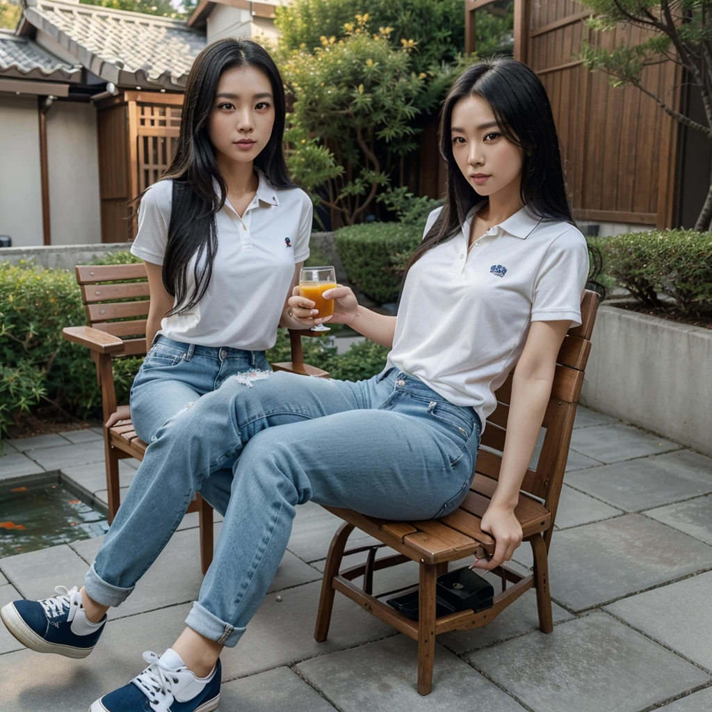 A beautiful Korean woman,long black straight hair,blue polo shirt,jeans,canvas shoes,sitting relaxed on a chair on the terrace of the house,holding a glass of sweet tea,with a koi pond in front and pine trees,10k uhd,300 dpi.