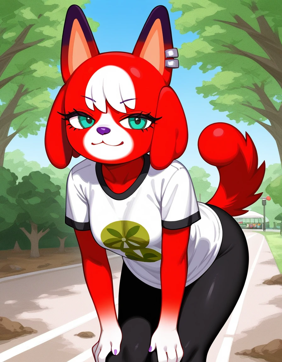 zPDXL,cherry (animal crossing), purple nose, red fur, black fur, two-tone fur, teal eyes, furry female, dog girl, ear piercing, tail, webbed shirt, black leggings, looking at viewer, serious, smirk, bent over, hands on knees, outside, dirt path, trees, blue sky, park,