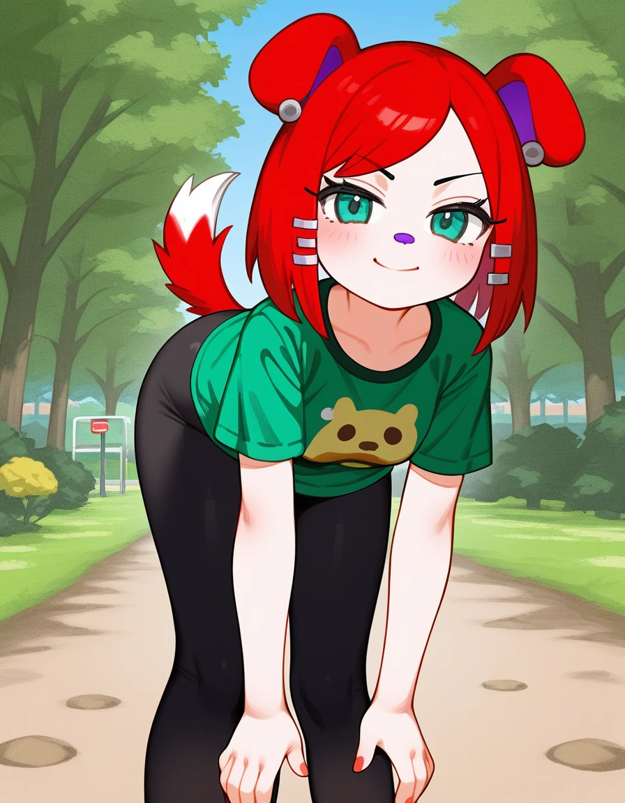 zPDXL,cherry (animal crossing), purple nose, red fur, black fur, two-tone fur, teal eyes, furry female, dog girl, ear piercing, tail, webbed shirt, black leggings, looking at viewer, serious, smirk, bent over, hands on knees, outside, dirt path, trees, blue sky, park,