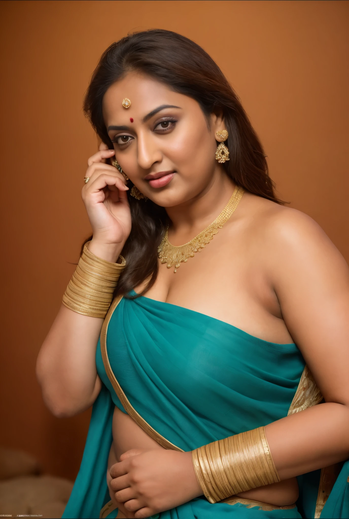 Foto RAW, photorealistic, photography, full body shot, 50 years old Woman, master shot, perfect eyes, goddess like beauty, pierced eyes, perfect thick chubby mallu Desi aunty bhabhi, Wearing a Stanapatta, a chest-band.Saree model, model Photography, Indian saree shoot, Indian traditional wear advertising photography, traditional wear brand shoot, face of Indian actress Sonakshi Sinha, masterpiece, realistic, realism, incredible details,  pleasure, photorealism, detailed skin, skin pores, high contrast, photorealistic Artstation 8k HD digital art trend of high definition and detailed realistic skin texture, ultra detail, realistic skin texture, armature, best quality, ultra high definition, (photorealistic:1.4),, high resolution, detail, raw photo, sweat, Re sharp, by Lee Jefferies Nikon D850 Film Stock Photo 4 Kodak Portra 400 Camera F1.6 Lens Rich Color Ultra Real Realistic Realistic Textures Dramatic Lighting Unreal Engine Trending at Art Station Cinestill 800,(pele altamente detalhada: 1.2), 8k UHD, DSLR, soft-lighting, alta qualidade, grain of film, Fujifilm XT3,she didn't like to wear blouse or bra, she is happy to wear only saree, she hates blouse or bra, detailed hairy armpits, hyper realistic skin, skin pores, sweat, veins, 