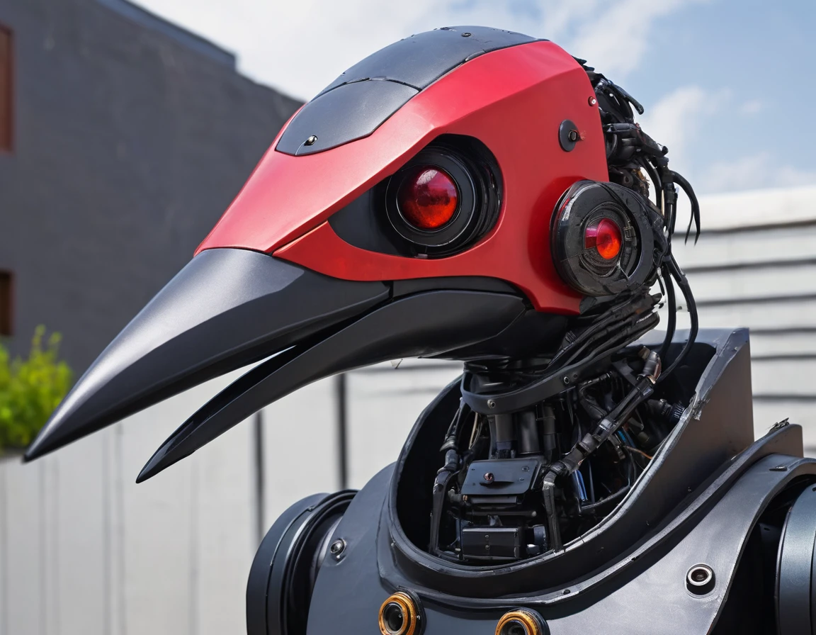 sci fi, crow head metal robot, beak faceplate, red camera eye