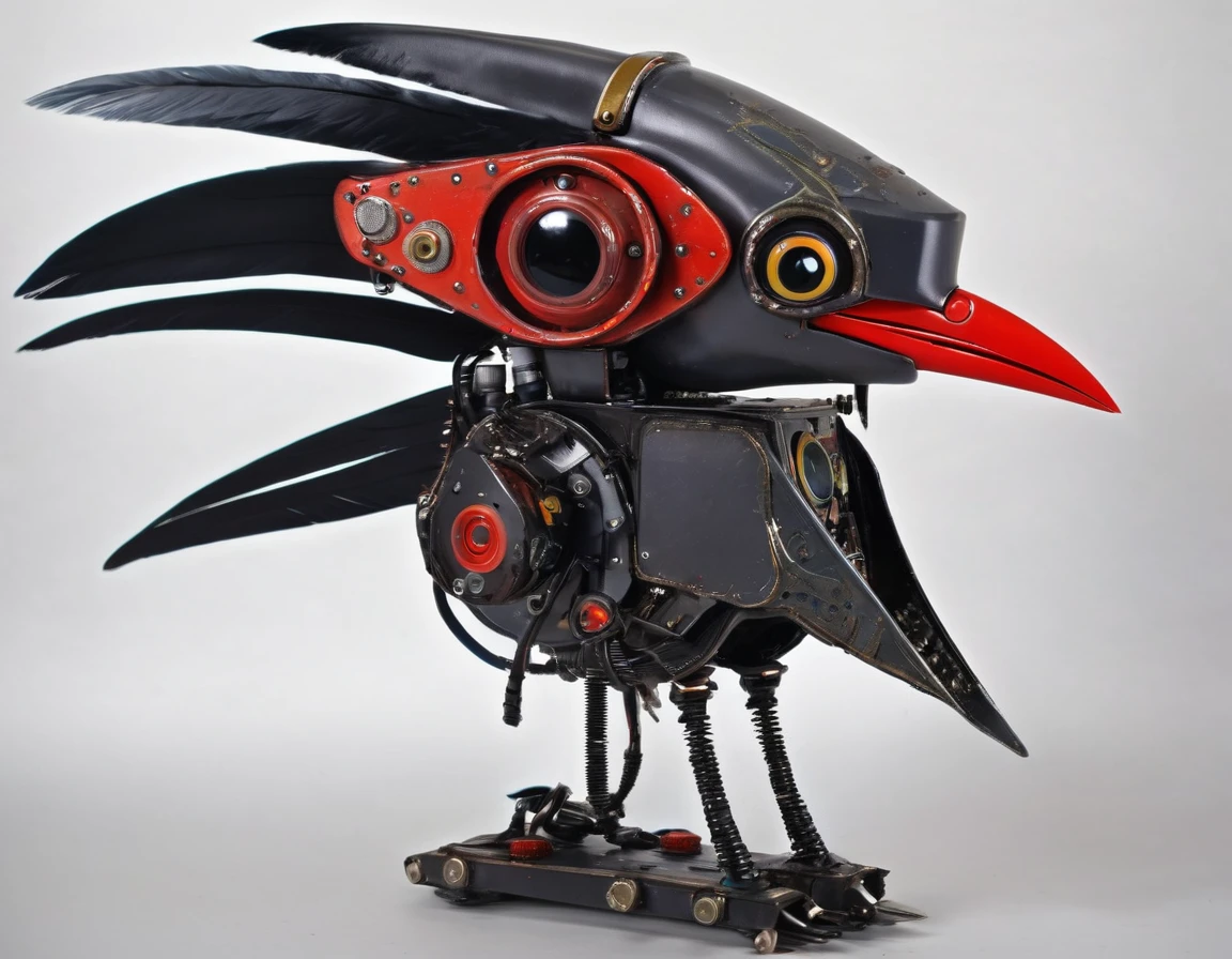 sci fi, crow head metal robot, beak faceplate, red camera eye