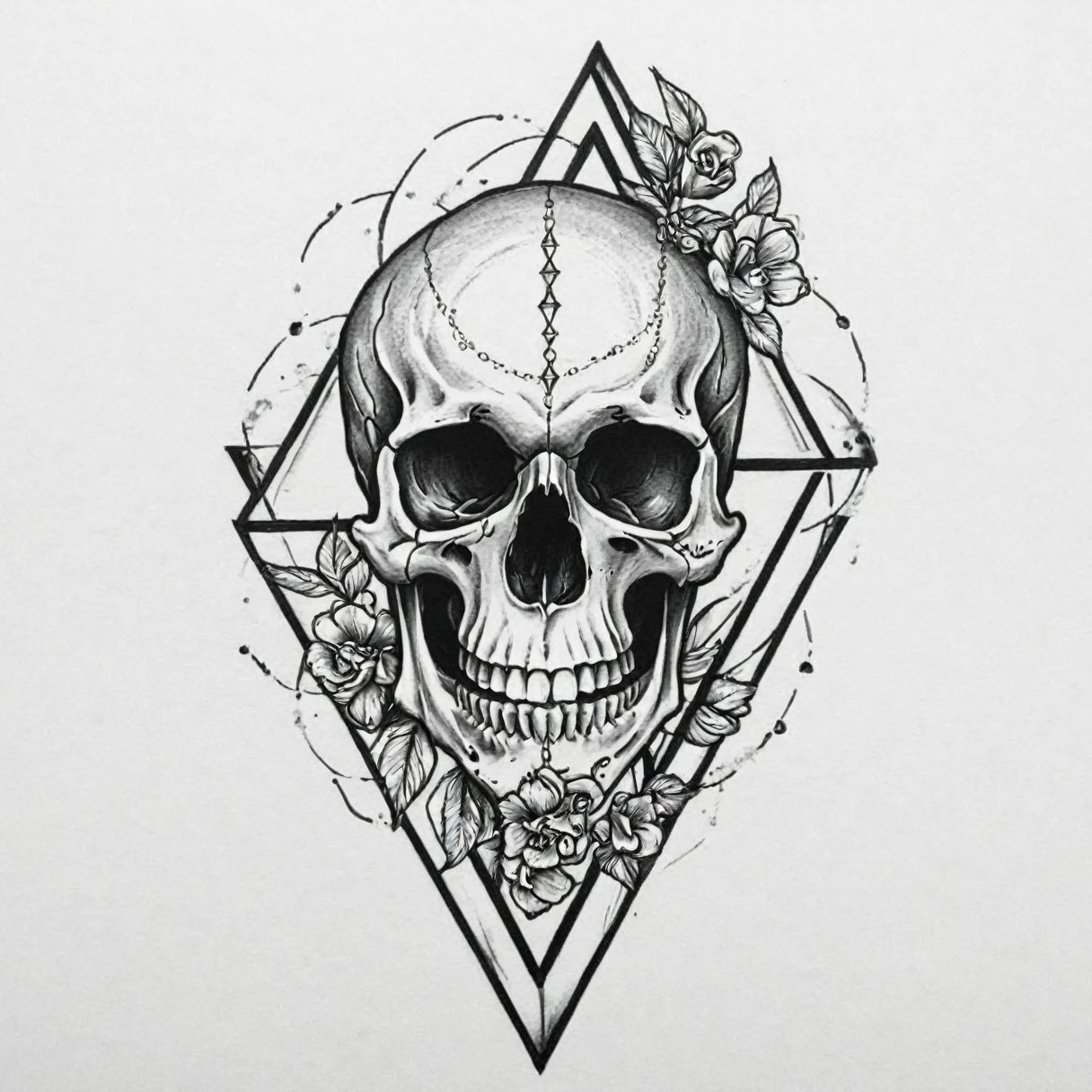 drawing a tattoo (minimalistic), skull, diamond, (a triangle)
