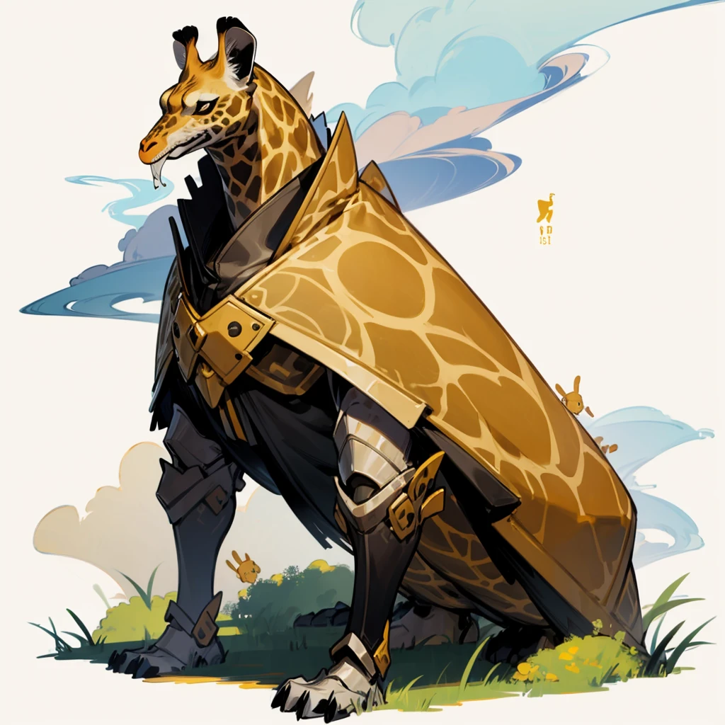 (Random evolusion), yellow animals mixed with animals, full body version, muscle, (Coat and armor skins), There was smoke in his mouth, (black eyes), Grassroots, no background, (giraffe head)