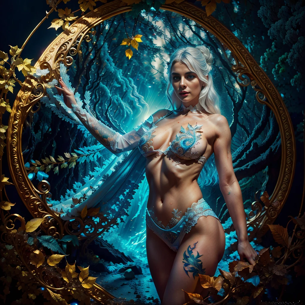 white forest in the background, colorful design, Aurora, mythical and fatal seduction, dynamic pose, porous white hair, big eyes, blue eyes, body covered in tattoos, red lips, erotic, dark light, flirtatious pose, seduction, bright light. mystical, leaves covering his private parts. Well detailed body, well detailed face, detailed eyes, detailed hands, strict details. tender look. perfect body, everything super detailed, 8k, masterpiece, intricate details.