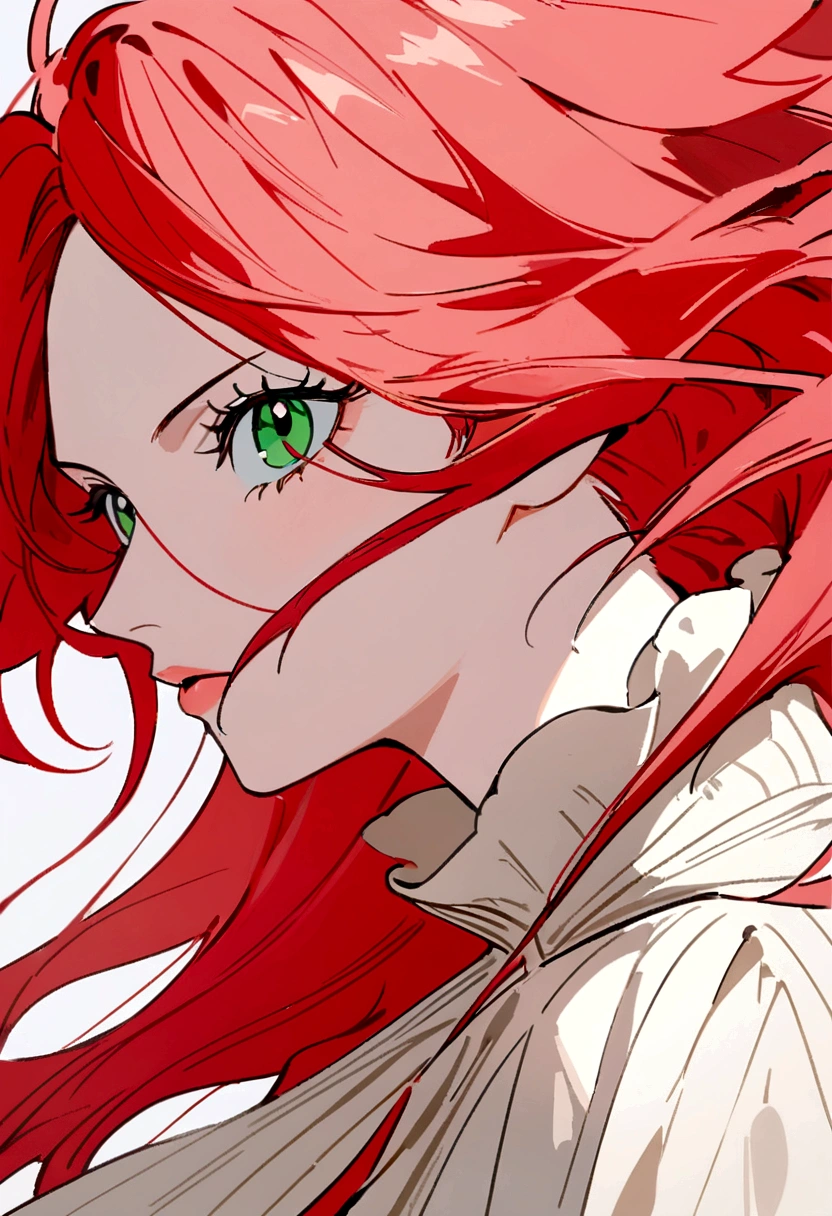 Anime girl with long red hair, greeneyes, extremely beautiful, simple background, work of art, best qualityer, detailled image, Estilo One Piece