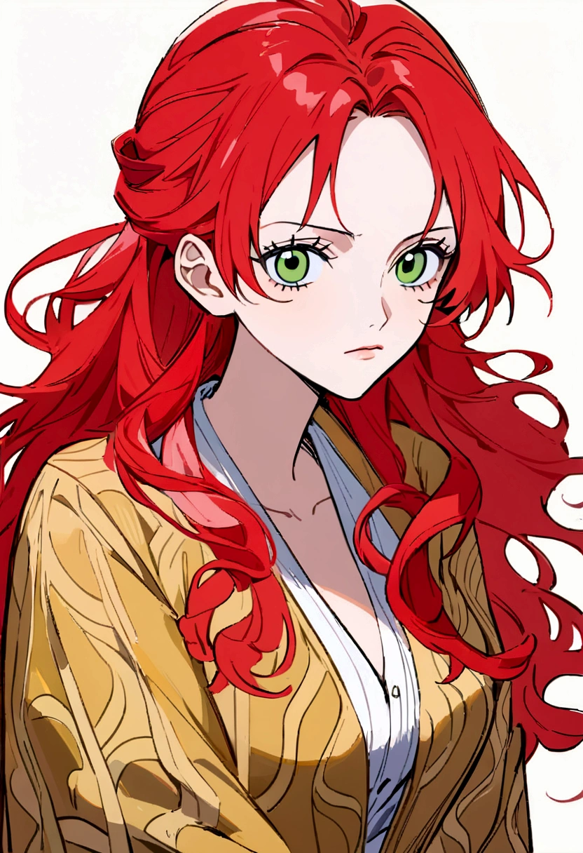 Anime girl with long red hair, greeneyes, extremely beautiful, simple background, work of art, best qualityer, detailled image, Estilo One Piece