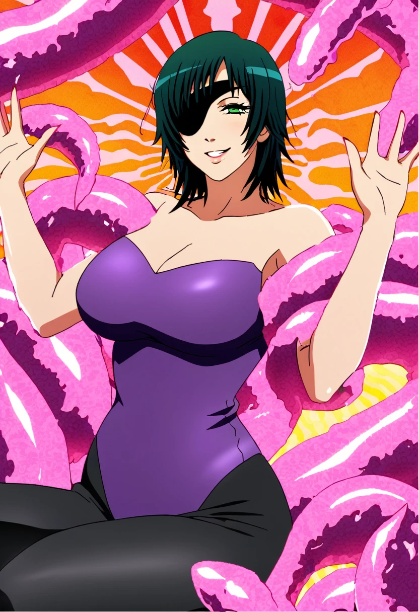 mature female, mature, Adult,((Himeno_CSM)), Himeno(Chainsaw Man), Eye patch, One Girl, solo, Grin, Villain, bad woman, chest, Black Hair, View your audience, short hair, Seductive smile, A woman sits on a group of smooth tentacles, Open your arms, Raise the hand, Tentacle Background, psychedelic Background, Purple leotard, sweet, Steam, dripping, warm feeling, masterpiece, Top animation quality,Top image quality,cinematic feeling