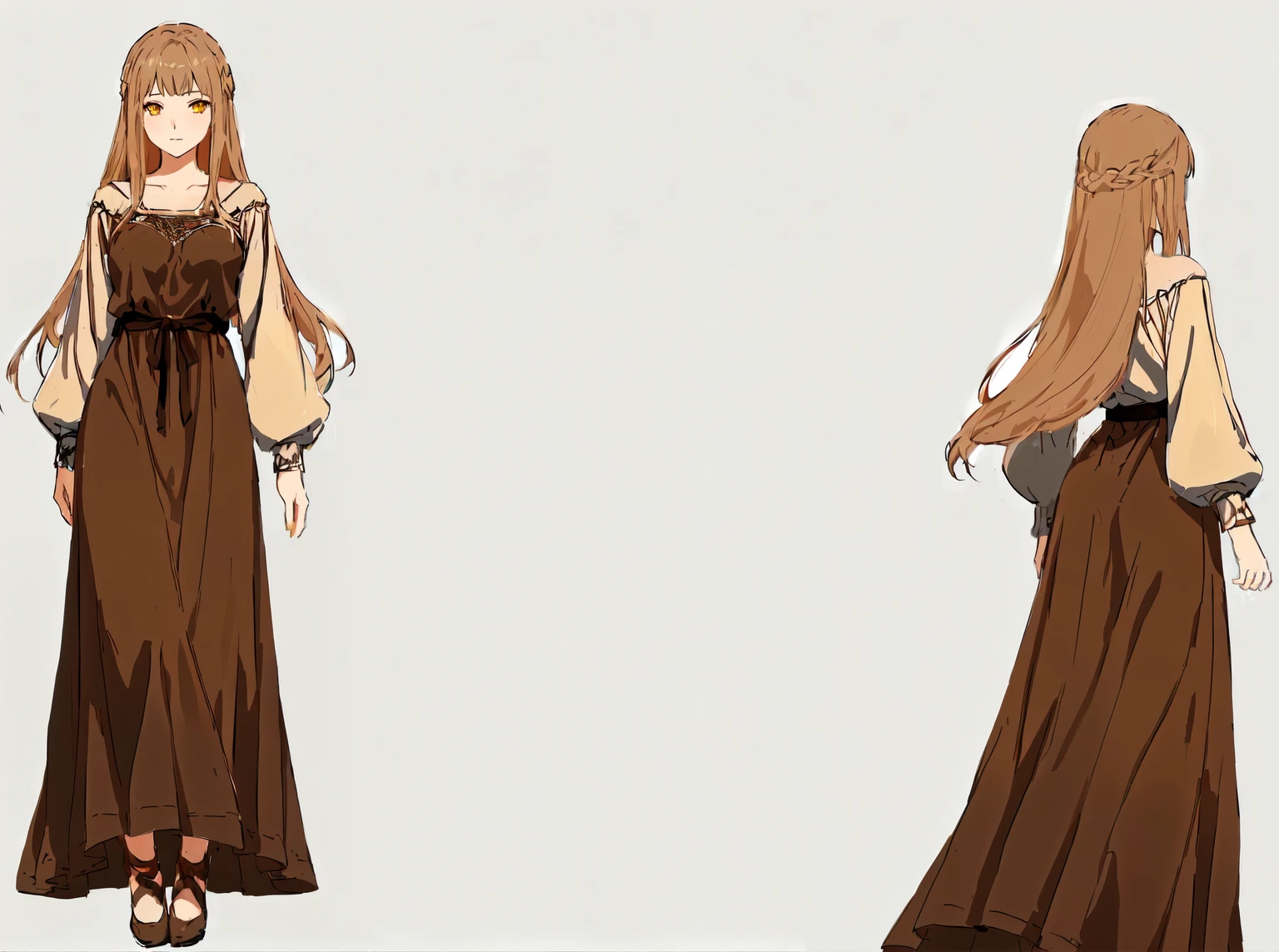 anime style rendering of a woman in a brown dress, ( ( character concept art ) ), beautiful full body concept art, detailed full body concept art, full body concept art, wearing long, loose clothes, full body character concept art, Kushart Krenz Kay Art for women, latest fantasy tactics character, anime full body illustration, official character art, full body concept