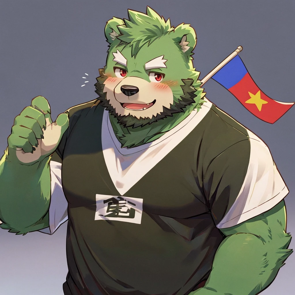 anthro, kemono, male, solo, (((green bear))), (((green fur))), green hair, red eyes, beard, white eyebrows, sexy, blush, wink, simple background, wear a white t-shirt, wave a big lgbt flag,