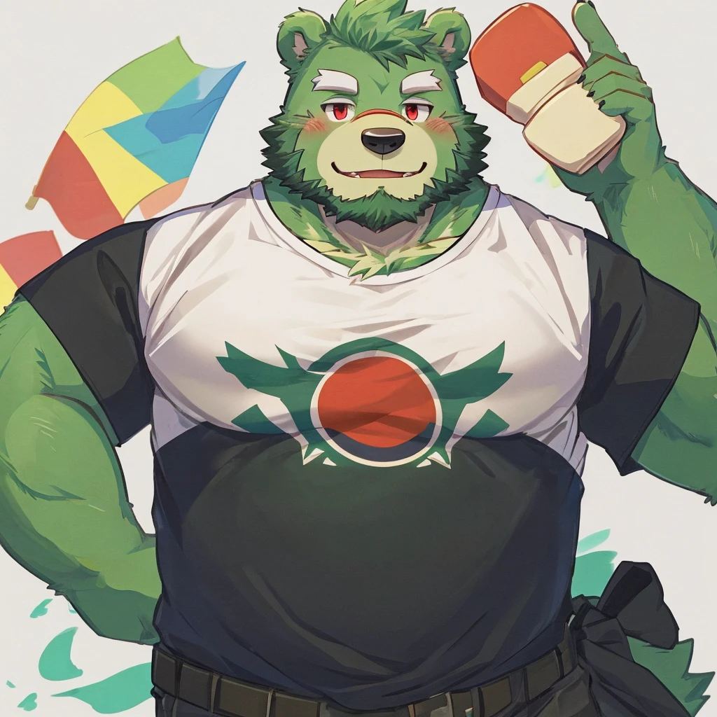 anthro, kemono, male, solo, (((green bear))), (((green fur))), green hair, red eyes, beard, white eyebrows, sexy, blush, wink, simple background, wear a white t-shirt, wave a big lgbt flag,
