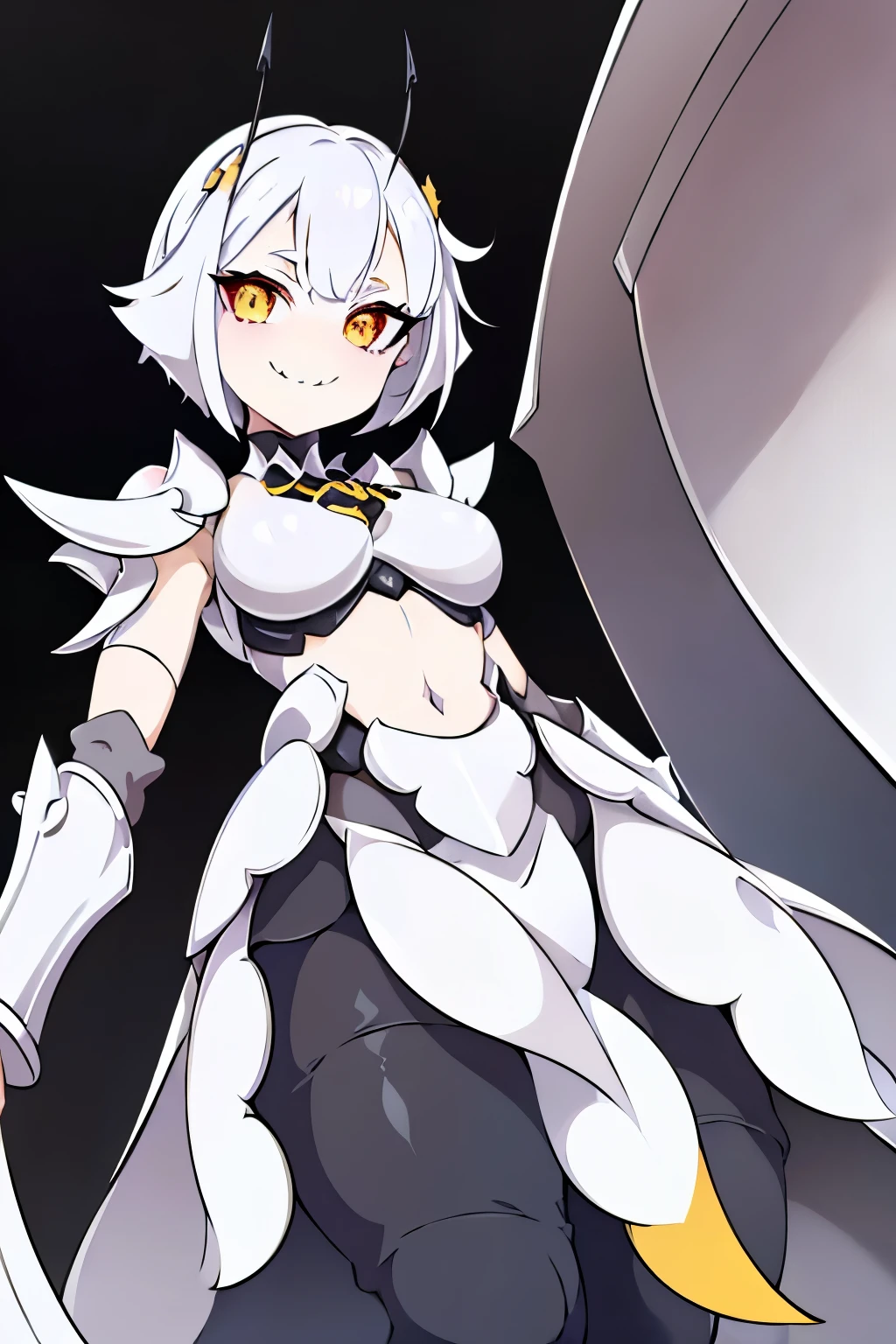 (masterpiece), best quality, expressive eyes, perfect face, a white bug girl, two antennae, short white spiky hair, blunt hair, ((dark black sclera)), yellow eyes, smiling, sharp teeth, ((white color flesh skin tone)), armor bra, ((organic armor clothes)), looking at viewer, ((shot from below))