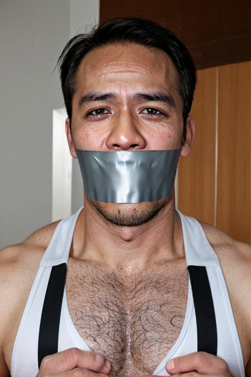 Old malay ,tape gag ,hairy chest, white men singlet, mouth tape, 