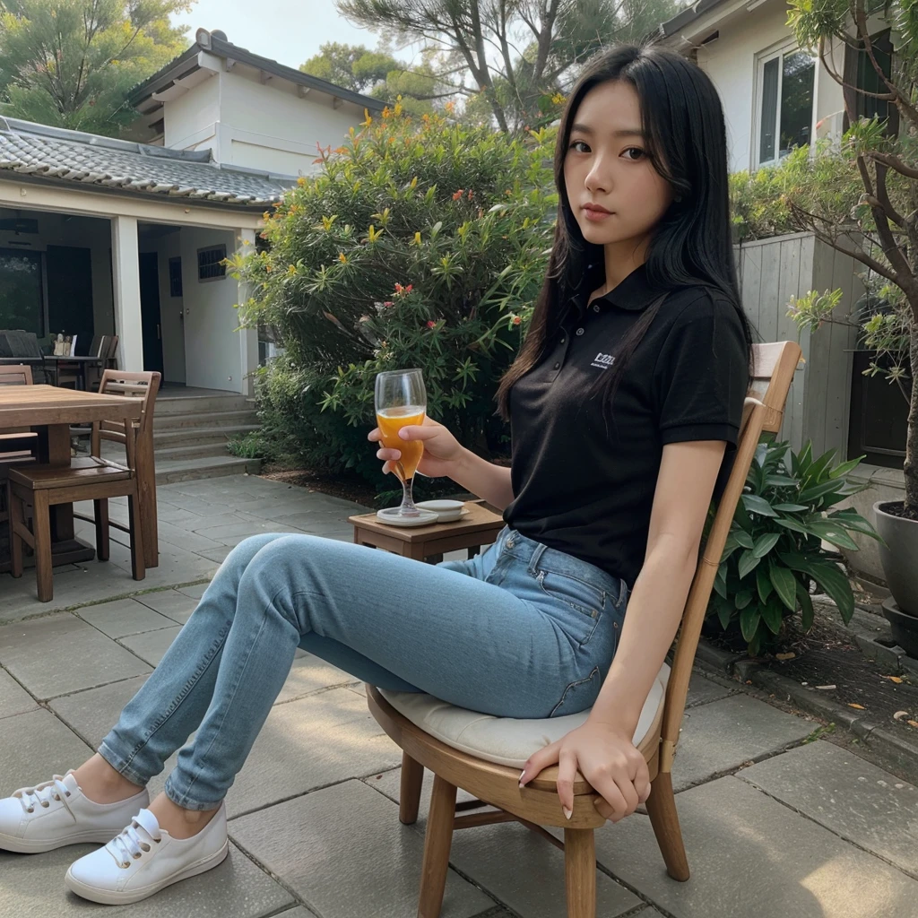 A beautiful Korean woman,long black straight hair,blue polo shirt,jeans,canvas shoes,sitting relaxed on a chair on the terrace of the house,holding a glass of sweet tea,with a koi pond in front and pine trees,10k uhd,300 dpi.