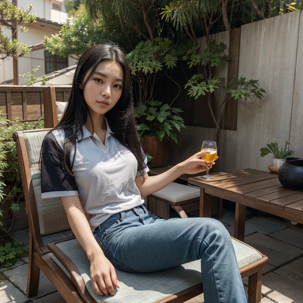 A beautiful Korean woman,long black straight hair,blue polo shirt,jeans,canvas shoes,sitting relaxed on a chair on the terrace of the house,holding a glass of sweet tea,with a koi pond in front and pine trees,10k uhd,300 dpi.