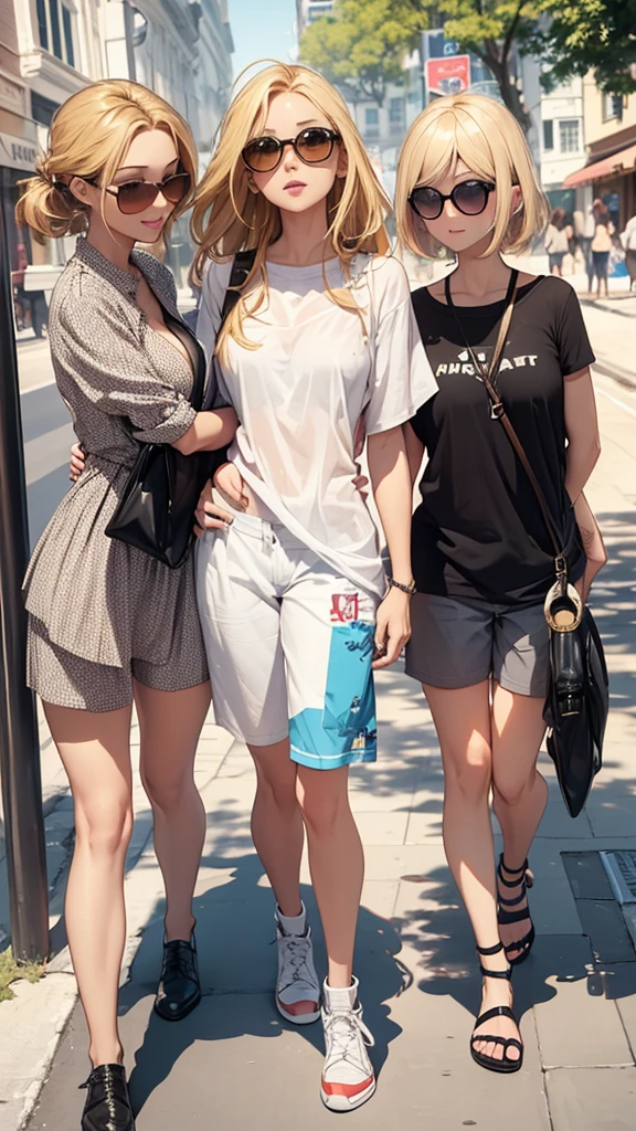 three sexy women walking and looking down at 4 years old boy with blonde hair and shorts, women touch behind of boy's head, women have flirtatious smiles, boy have sunglasses, women have various hair colors