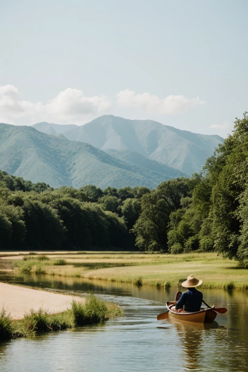 landscape. man in boat, paddling on a river, with big straw hat, Profile.