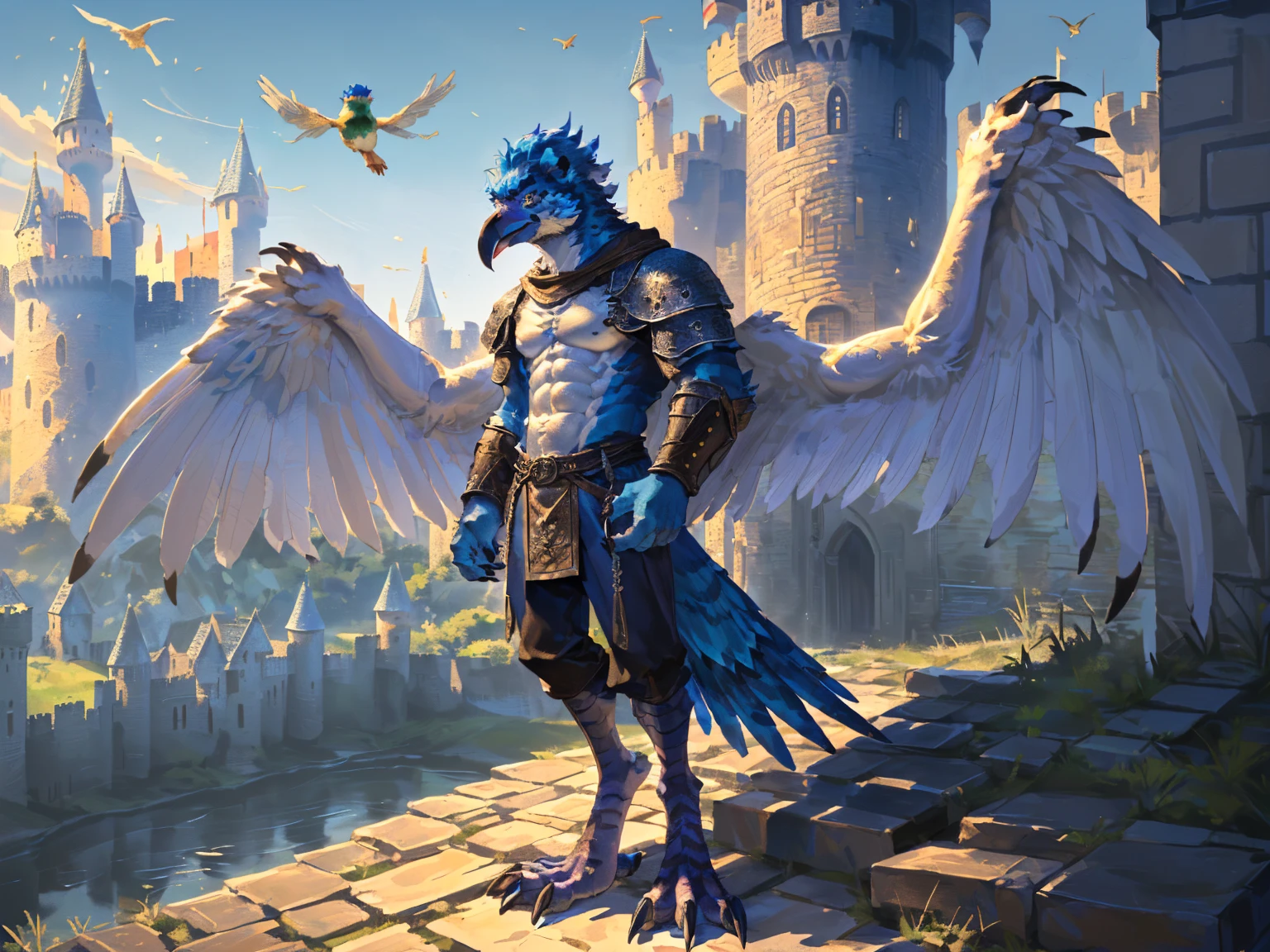 ((middle Ages:1.3，Castle Background:1.6))，(Royal Family:1.2)，sunny，high resolution，4K，【whole body:1.1，Strike a pose:1.5】，masterpiece，high quality，((Griffin))，male，Furry，(teenager:1.3)，hairy，((Fierce and vicious:1.4))，(((Lean:1.4，Big Wings:1.3，Bird claws子:1.3)))，(((Blue head:1.3，White abs:1.4)))，(((White Wings:1.3)))，(((pupil:1.2)))，(((Bird claws:1.3)))，(((Long legs:1.3)))，((No shirt，No underwear))，Exquisite eyes，Detailed body，Detailed claws，Detailed feet，Kenket&#39;s Art