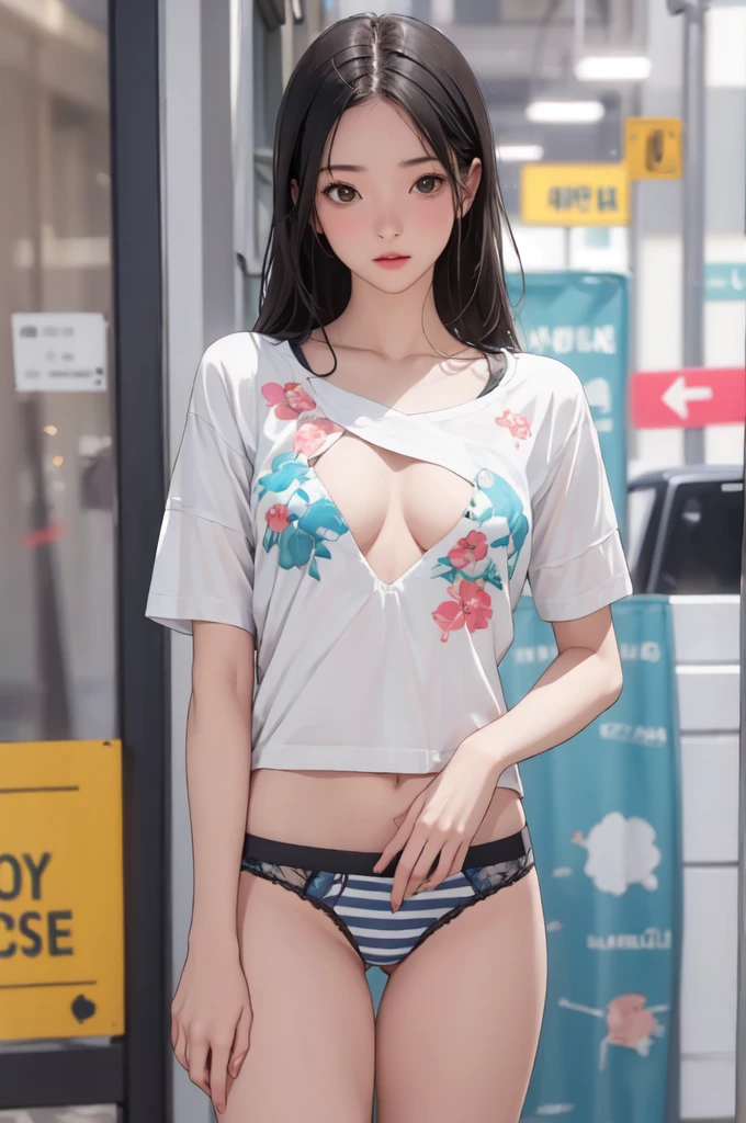 ((masterpiece, best quality)),((highres:1.2)), 1 Girl, solo, Blurred Background, (((Small breasts))), Thighs, (Stripe underwear), Print T-Shirts, nipple