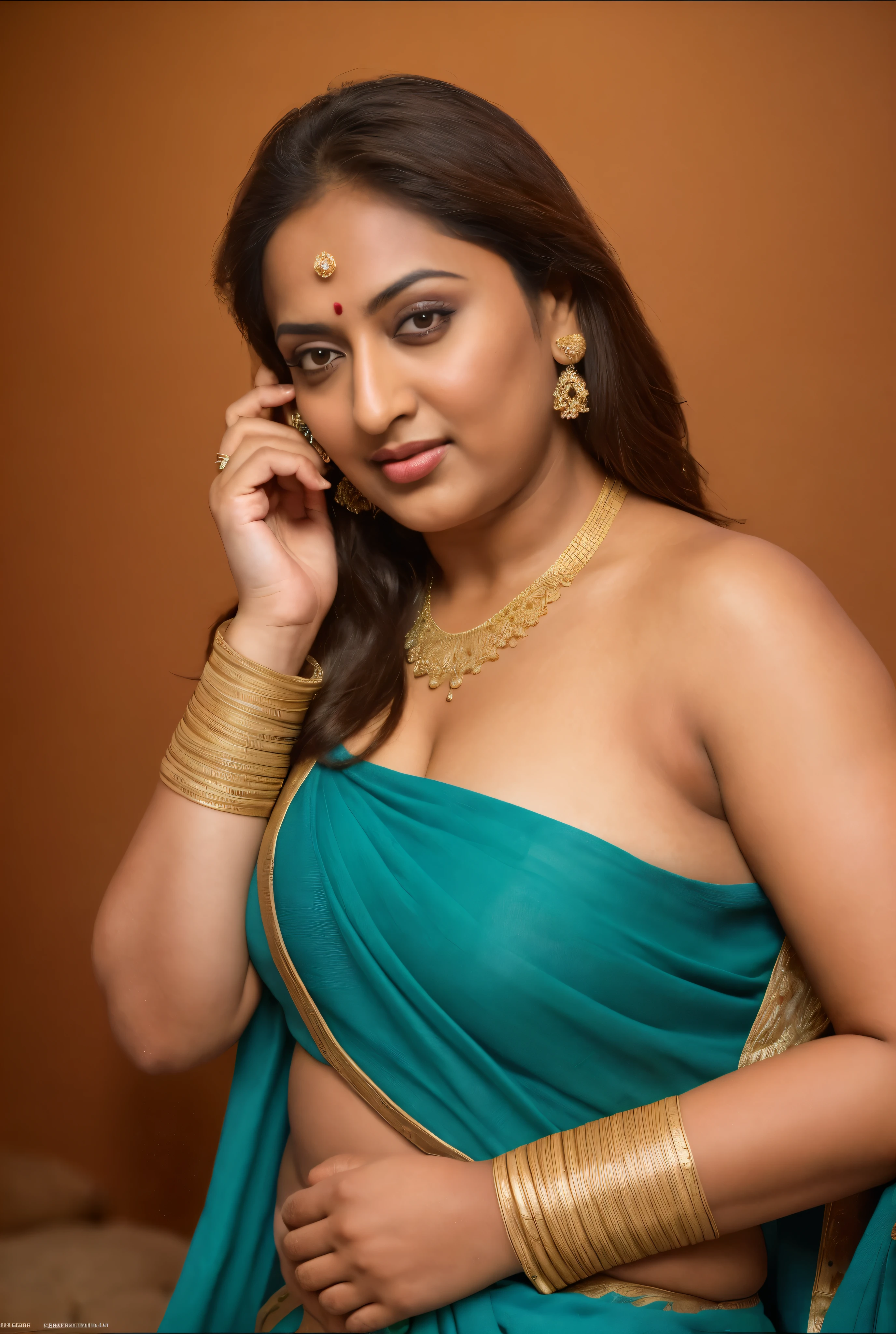 Foto RAW, photorealistic, photography, full body shot, 50 years old Woman, master shot, perfect eyes, goddess like beauty, pierced eyes, perfect thick chubby mallu Desi aunty bhabhi, Wearing a Stanapatta, a chest-band.Saree model, model Photography, Indian saree shoot, Indian traditional wear advertising photography, traditional wear brand shoot, face of Indian actress Sonakshi Sinha, masterpiece, realistic, realism, incredible details, pleasure, photorealism, detailed skin, skin pores, high contrast, photorealistic Artstation 8k HD digital art trend of high definition and detailed realistic skin texture, ultra detail, realistic skin texture, armature, best quality, ultra high definition, (photorealistic:1.4),, high resolution, detail, raw photo, sweat, Re sharp, by Lee Jefferies Nikon D850 Film Stock Photo 4 Kodak Portra 400 Camera F1.6 Lens Rich Color Ultra Real Realistic Realistic Textures Dramatic Lighting Unreal Engine Trending at Art Station Cinestill 800,(pele altamente detalhada: 1.2), 8k UHD, DSLR, soft-lighting, alta qualidade, grain of film, Fujifilm XT3,she didn't like to wear blouse or bra, she is happy to wear only saree, she hates blouse or bra, detailed hairy armpits, hyper realistic skin, skin pores, sweat, veins,