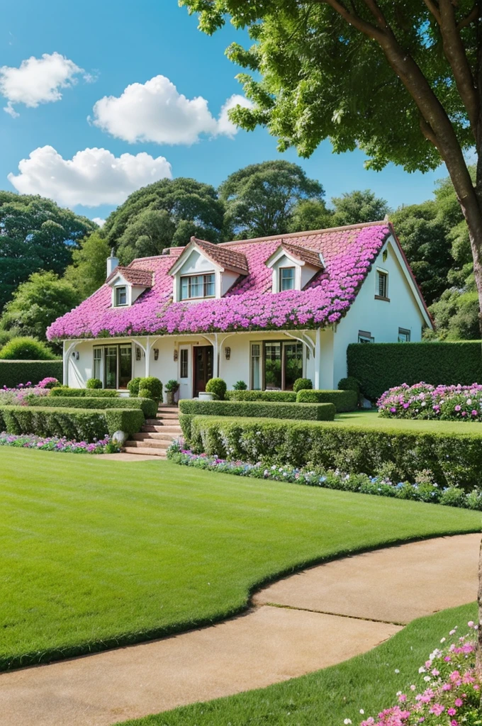 **Prompt:** A serene countryside landscape featuring a quaint house nestled among lush, rolling green hills under a vivid blue sky with fluffy white clouds. The house is surrounded by manicured lawns and vibrant pink flowers. The wide-angle shot captures the bright and inviting atmosphere of the
