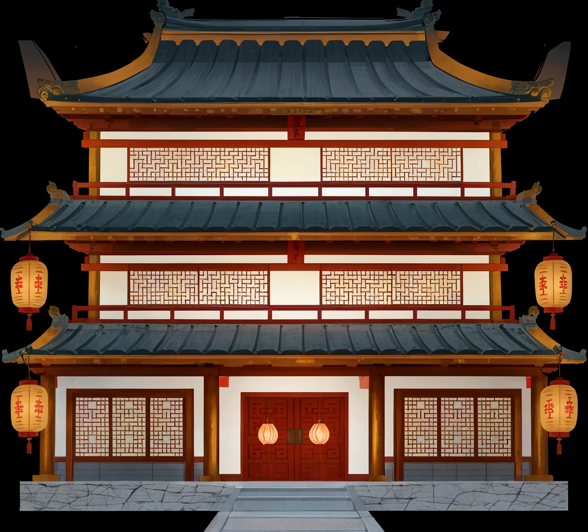 illustration of a traditional chinese building with lanterns and a door, an extremely detailed building, european japanese buildings, japanese house, chinese building, japanese temple, zen temple background, ancient japanese architecture, digital painting of a pagoda, japanese architecture, temple background, inspired by Tōshi Yoshida, japanese temples, inspired by Shūbun Tenshō