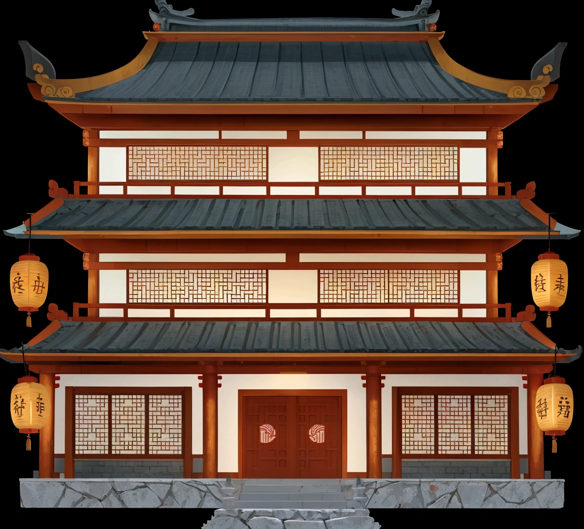 illustration of a traditional chinese building with lanterns and a door, an extremely detailed building, european japanese buildings, japanese house, chinese building, japanese temple, zen temple background, ancient japanese architecture, digital painting of a pagoda, japanese architecture, temple background, inspired by Tōshi Yoshida, japanese temples, inspired by Shūbun Tenshō
